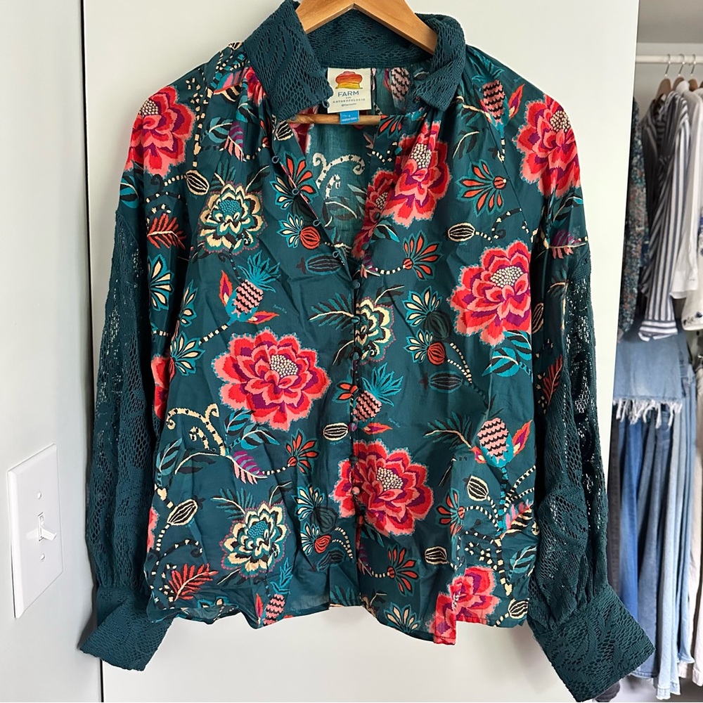 Farm Rio for Anthropologie Floral Teal Button-Up Blouse